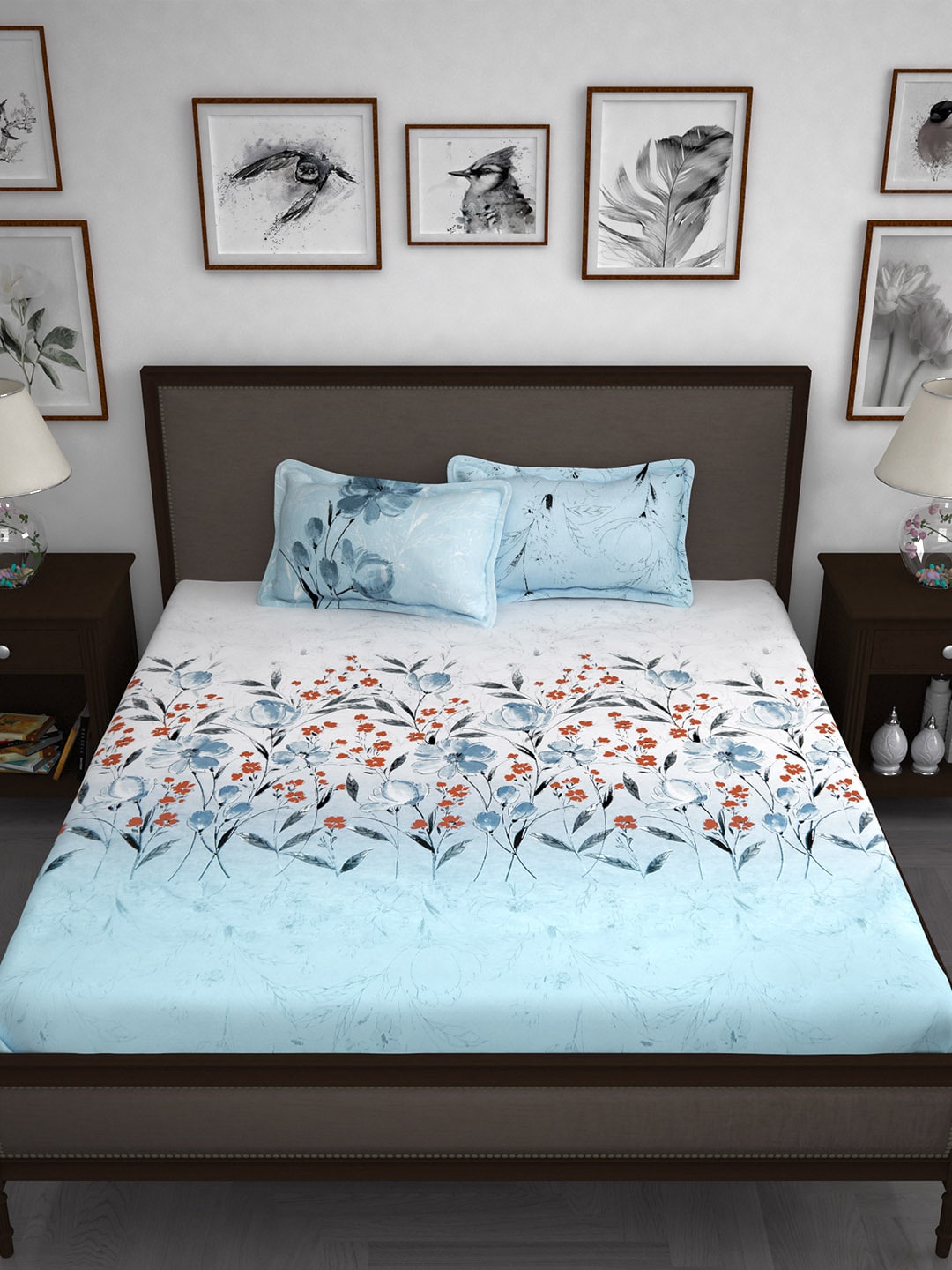 Story@home White & Blue Floral 210 TC Cotton 1 King Bedsheet with 2 Pillow Covers | Grocsy