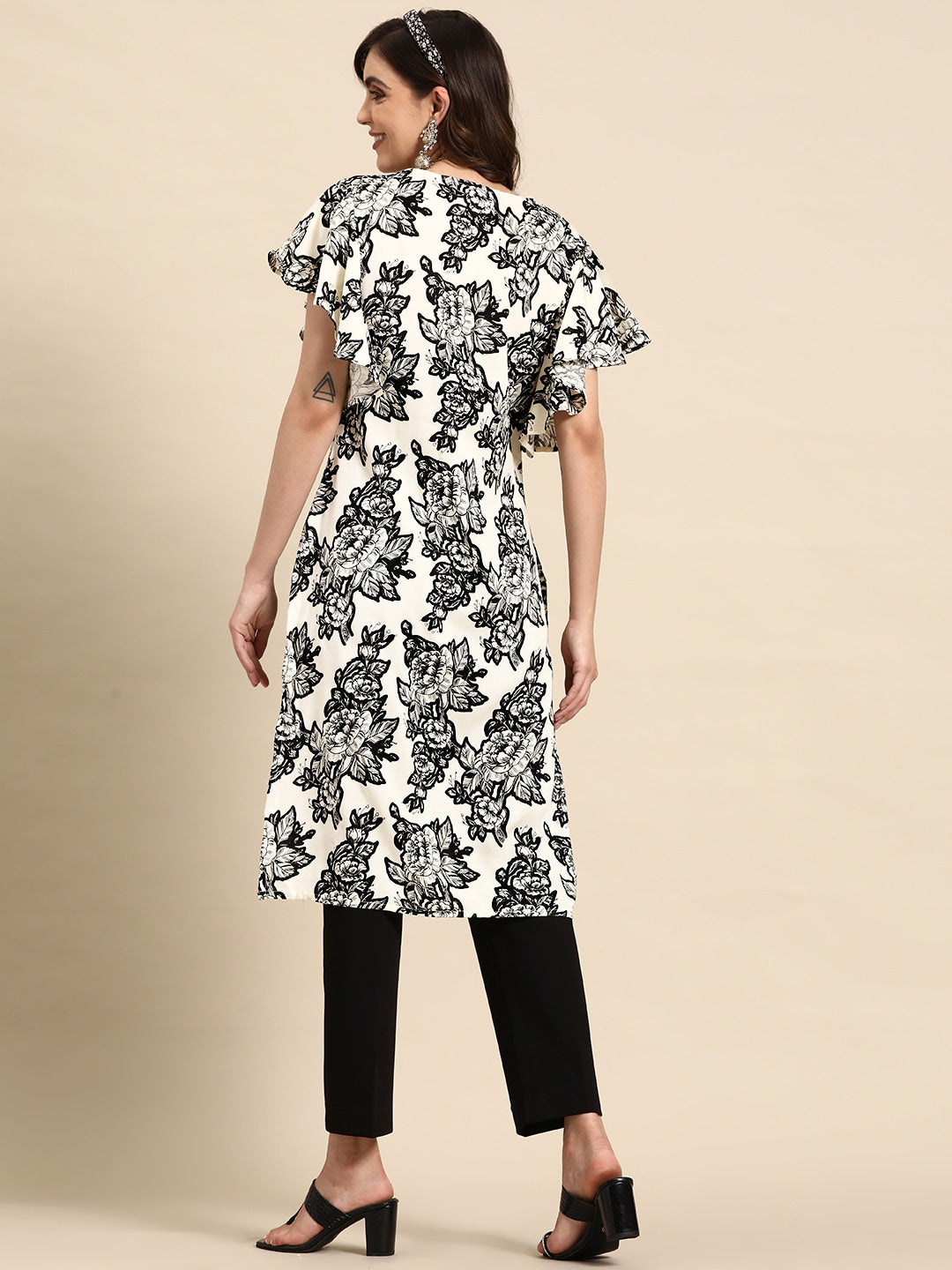 Sangria Floral Print Flutter Sleeves Kurta | Grocsy