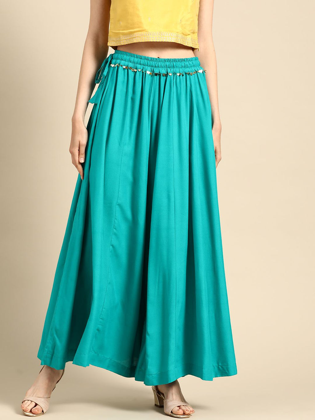 TAG 7 Women Turquoise Blue Solid Flared Palazzos | Grocsy