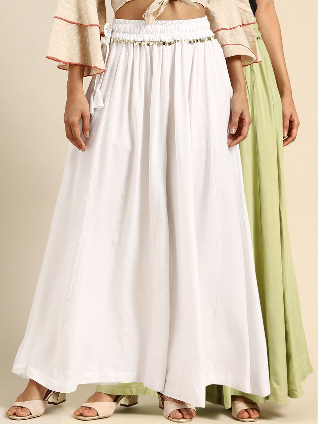 TAG 7 Women White & Green Solid Flared Palazzos | Grocsy