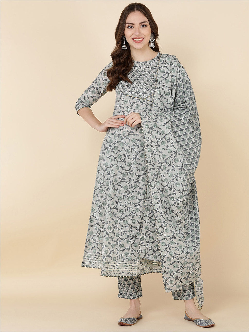HERE&NOW Women Grey & Olive Green Embroidered Angrakha Kurta with Trousers & With Dupatta | Grocsy