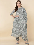 HERE&NOW Women Grey & Olive Green Embroidered Angrakha Kurta with Trousers & With Dupatta | Grocsy