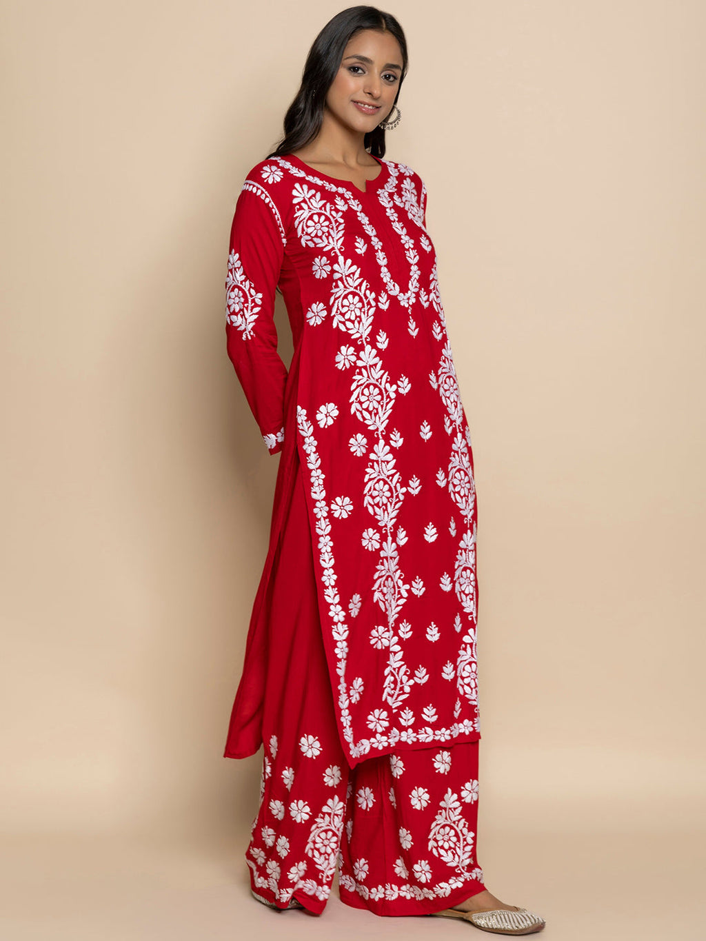 HOUSE OF KARI Floral Embroidered Chikankari Cotton A-Line Kurta | Grocsy