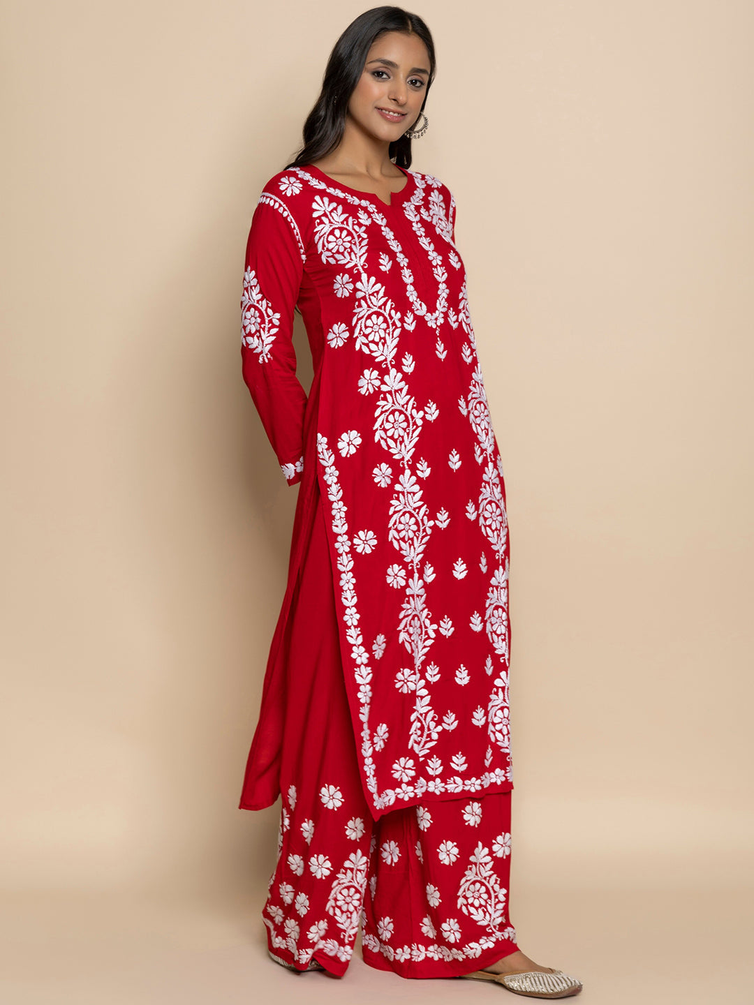 HOUSE OF KARI Floral Embroidered Chikankari Cotton A-Line Kurta | Grocsy