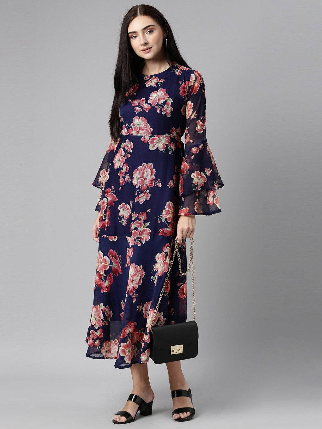 Souchii Floral Printed Round Neck Midi Dress | Grocsy