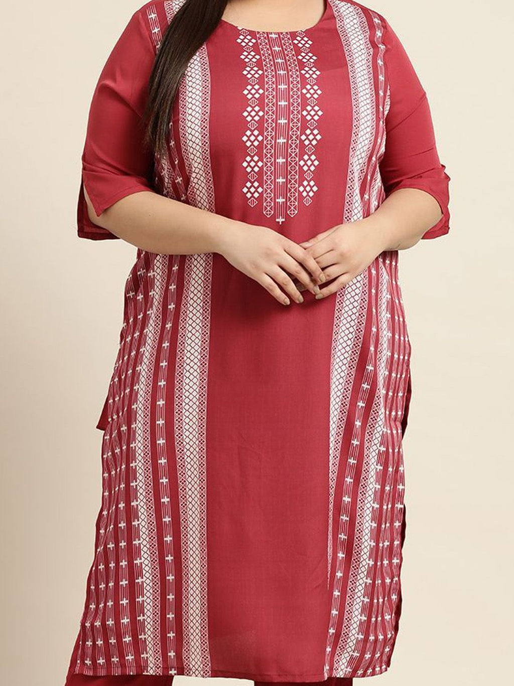 Sztori Plus Size Geometric Printed Round Neck Straight Kurta | Grocsy