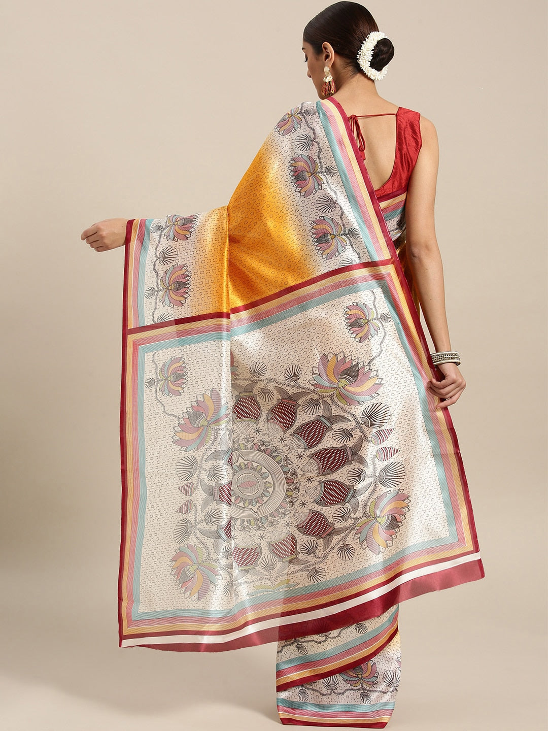 Saree Mall Mustard Yellow Printed Bhagalpuri Saree | Grocsy