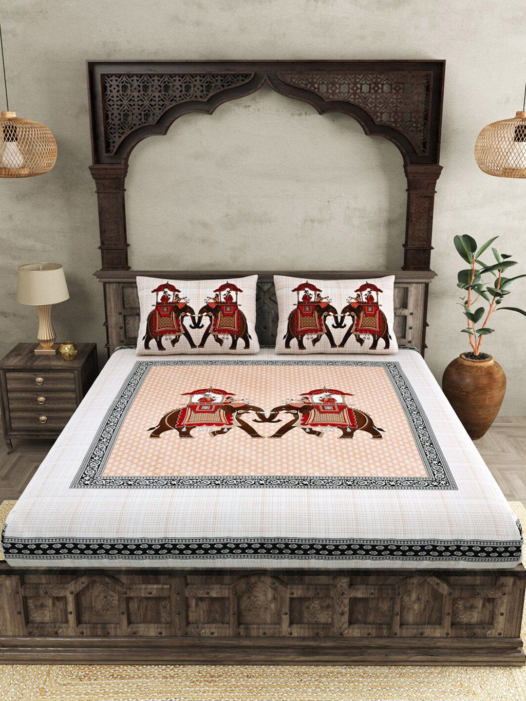 JAIPUR FABRIC Peach Ethnic Motifs Cotton 250 TC Super King Bedsheet With 2 Pillow Covers | Grocsy