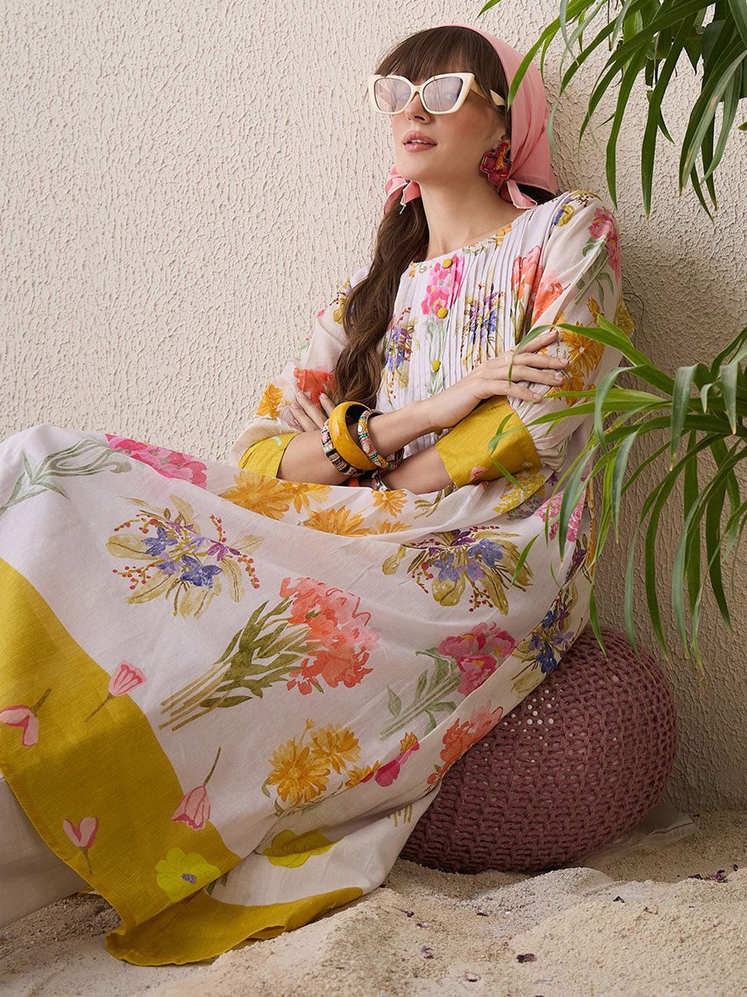 Indo Era Floral Printed Round Neck Pure Cotton Straight Kurta With Trouser | Grocsy