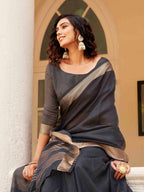 Tikhi Imli Charcoal & Gold-Toned Polycotton Zari Ready to Wear Saree | Grocsy