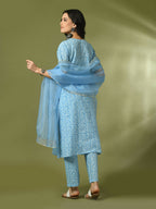 Myshka Women's Blue Printed Cotton Straight Party Kurta Set With Dupatta | Grocsy