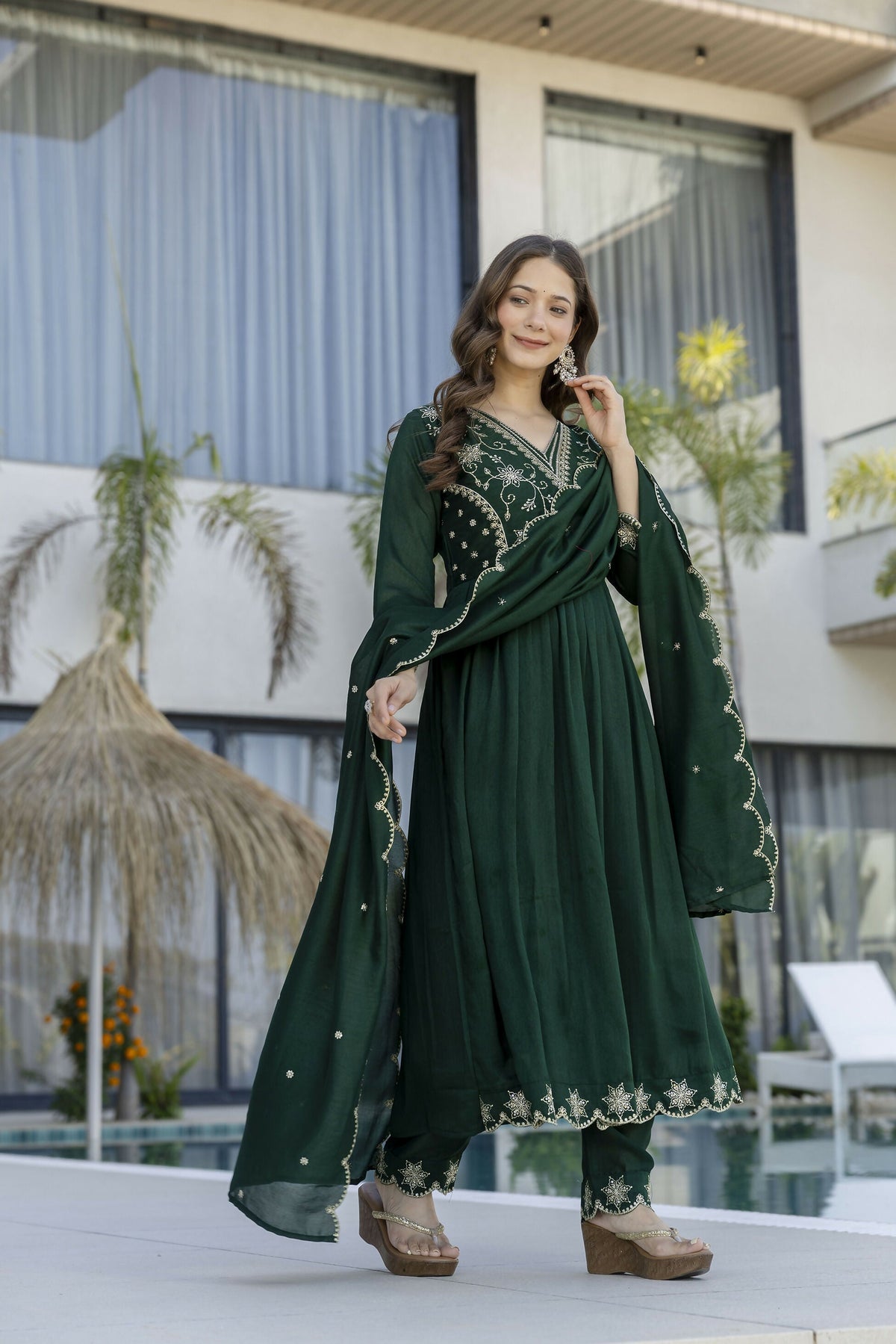 The52 Women's Beautiful Embroidery Work Vichitra Silk Fabric Flared Anarkali Pant and Dupatta Set | Grocsy