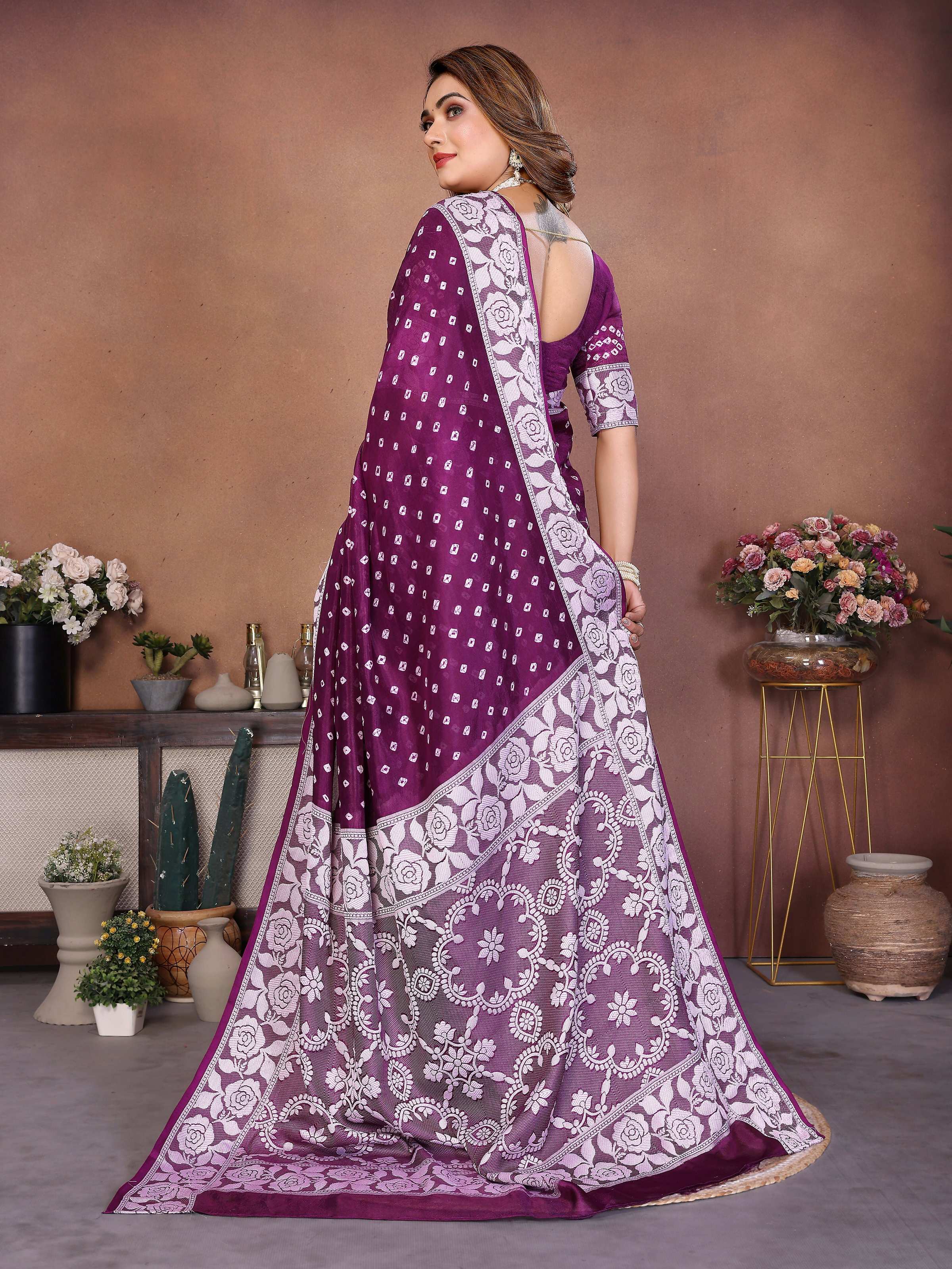 Aastha Fashion Wine Viscose Silk Handmade Original Bandhej Saree | Grocsy