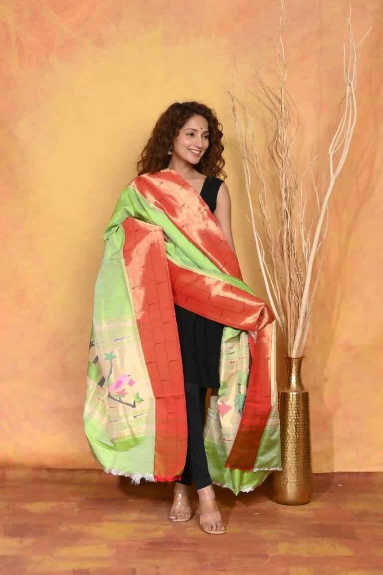 Very Much Indian Handloom Pure Cotton Paithani Dupatta - White | Grocsy