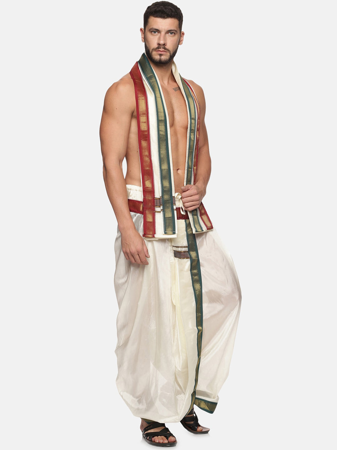 Sethukrishna Men Cream Coloured Solid Dhoti Pant With Angavastram | Grocsy