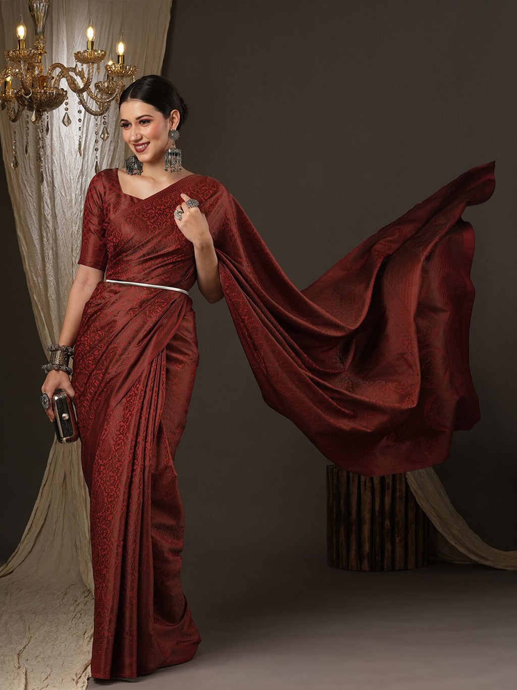 Saree Mall Maroon Woven Design Zari Silk Blend Banarasi Sarees | Grocsy