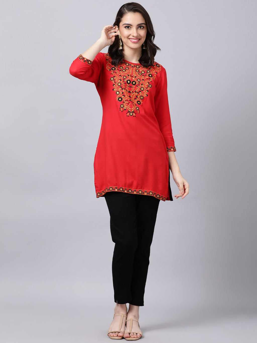 Souchii Women Red Yoke Design Thread Work Grandeur & Majestic Artwork Kurta | Grocsy