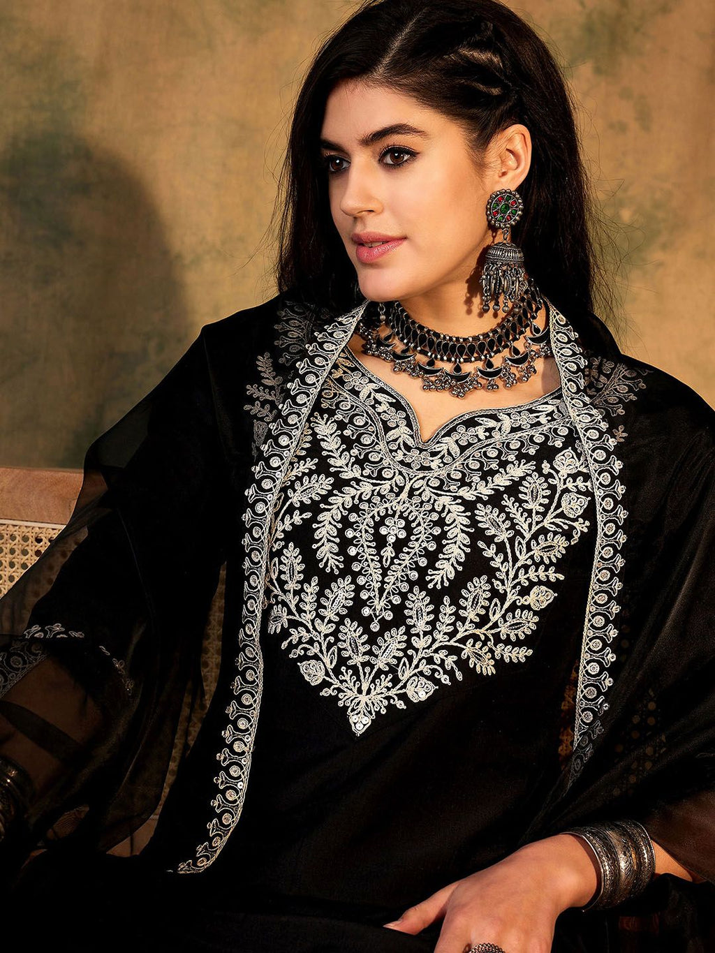 Indo Era Floral Yoke Design Regular Thread Work Kurta With Trousers & Dupatta | Grocsy