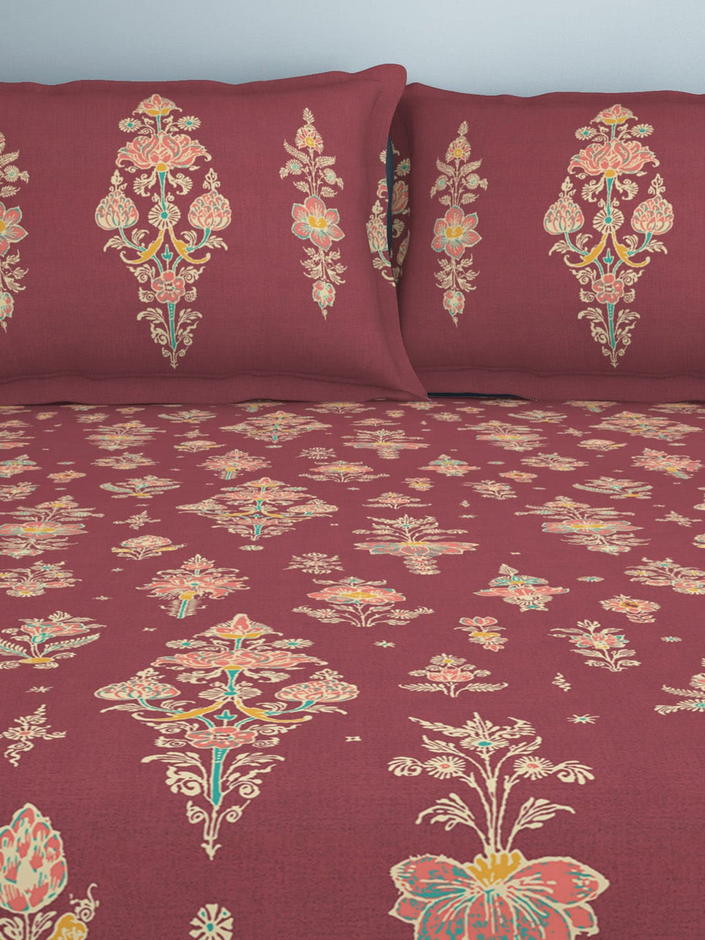 SPACES Aurum Red Ethnic Motifs Pure Cotton 140 TC Queen Bedsheet with 2 Pillow Covers | Grocsy