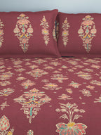 SPACES Aurum Red Ethnic Motifs Pure Cotton 140 TC Queen Bedsheet with 2 Pillow Covers | Grocsy