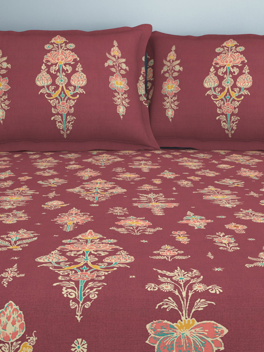 SPACES Aurum Red Ethnic Motifs Pure Cotton 140 TC Queen Bedsheet with 2 Pillow Covers | Grocsy