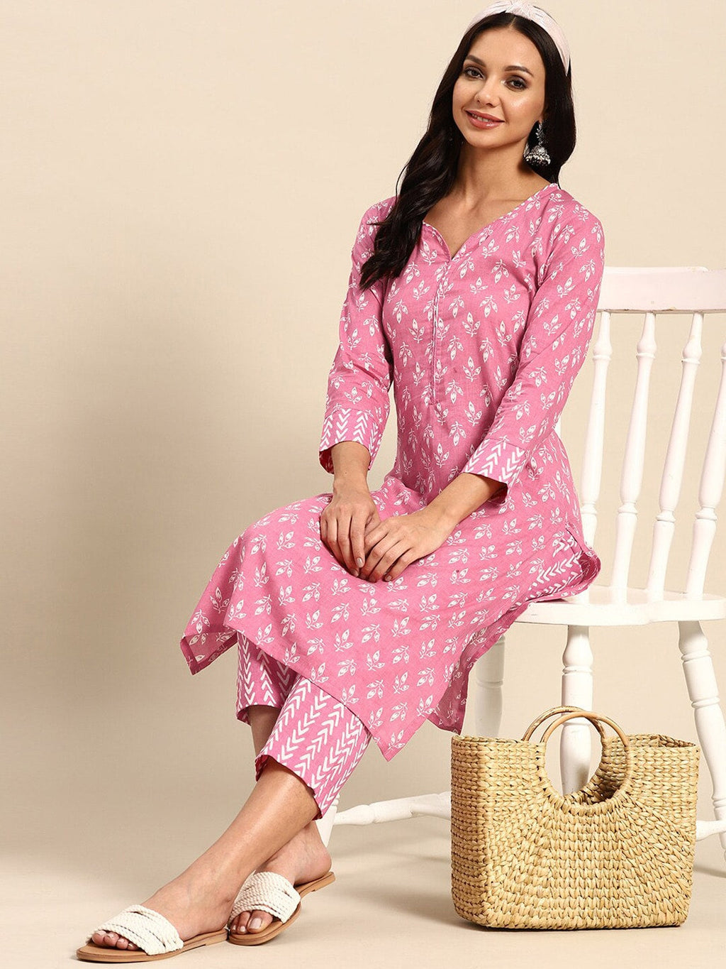 Sangria Pink Ethnic Motifs Printed V-Neck Pure Cotton Straight Kurta With Trouser | Grocsy