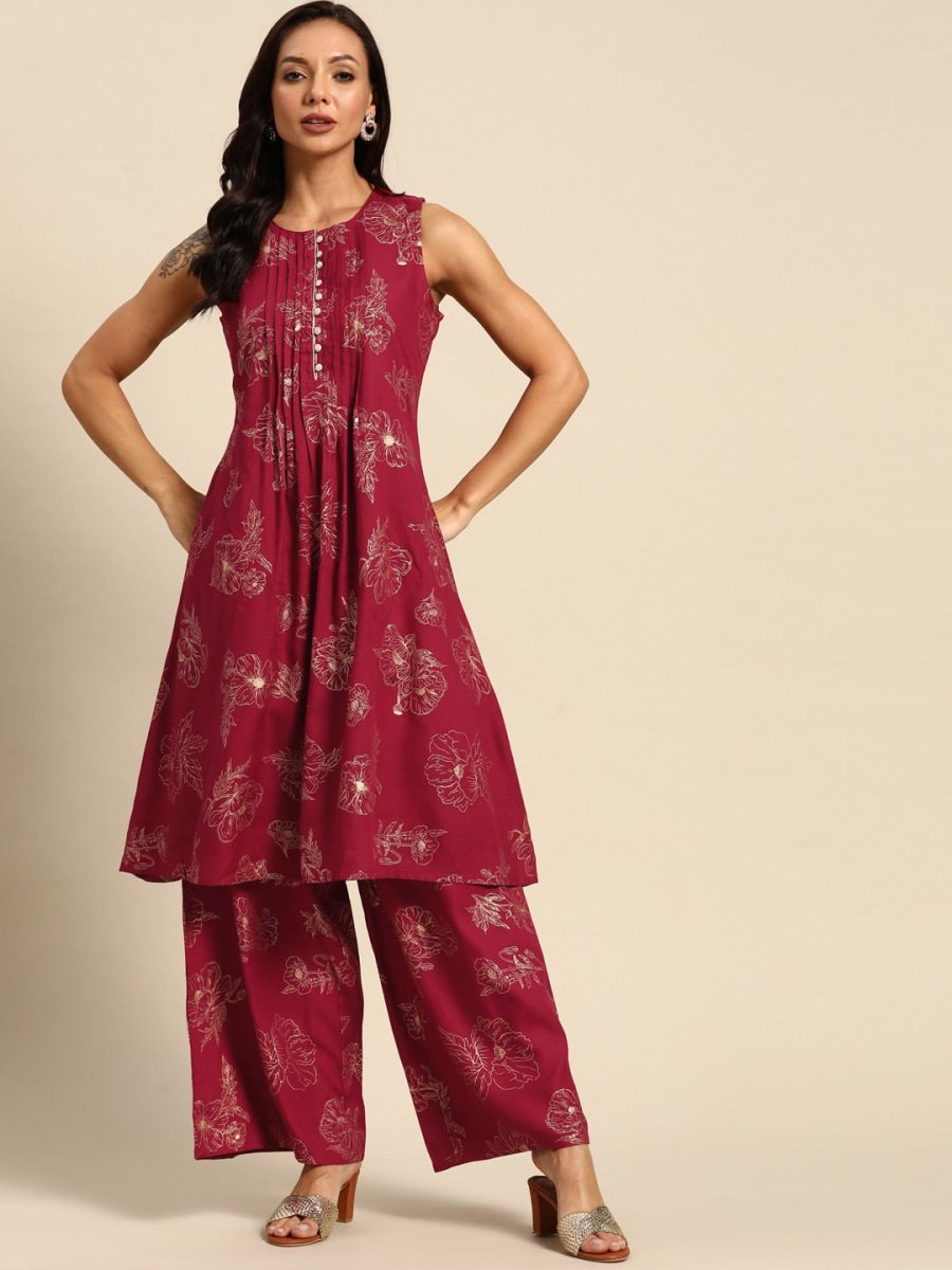 All About You Floral Print Pleated Kurta with Palazzos | Grocsy