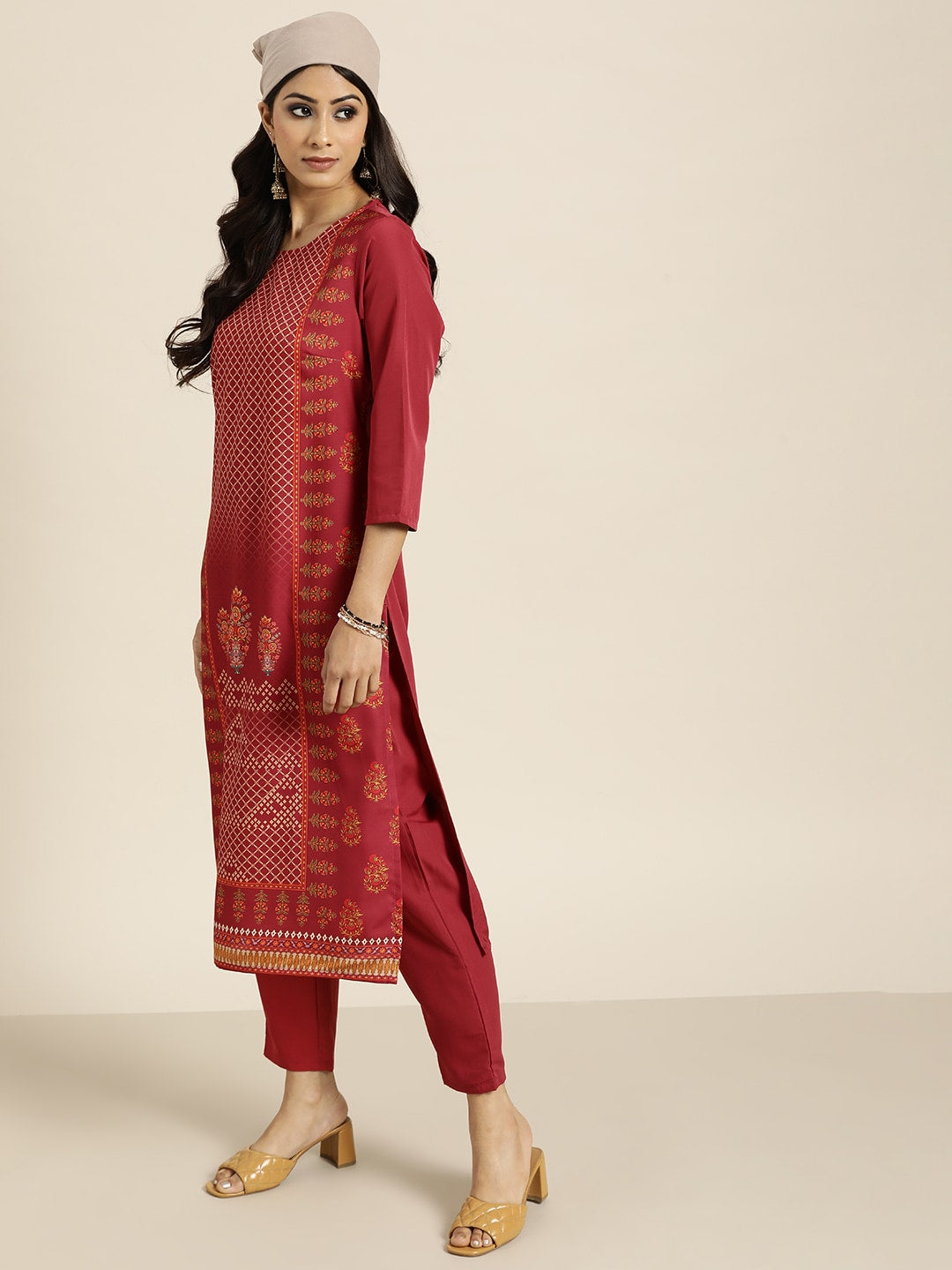 Sangria Women Maroon Ethnic Motifs Printed Kurta with Trousers | Grocsy