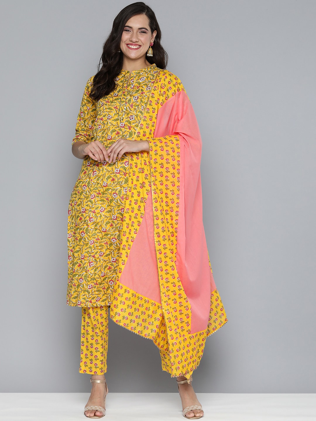 HERE&NOW Ethnic Motifs Printed Sequinned Kurta With Trousers & With Dupatta | Grocsy