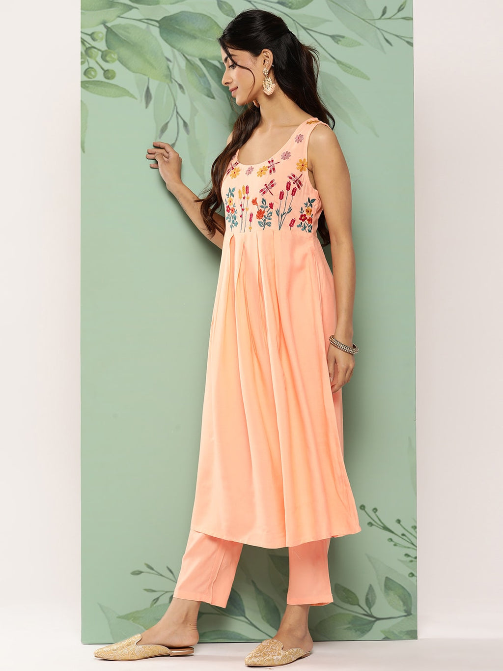 HERE&NOW Women Floral Yoke Design Pleated Thread Work Kurta with Trousers & Dupatta | Grocsy