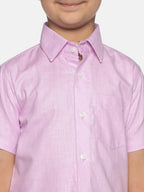 Sethukrishna Boys Pink & White Solid Shirt with Veshti Set | Grocsy