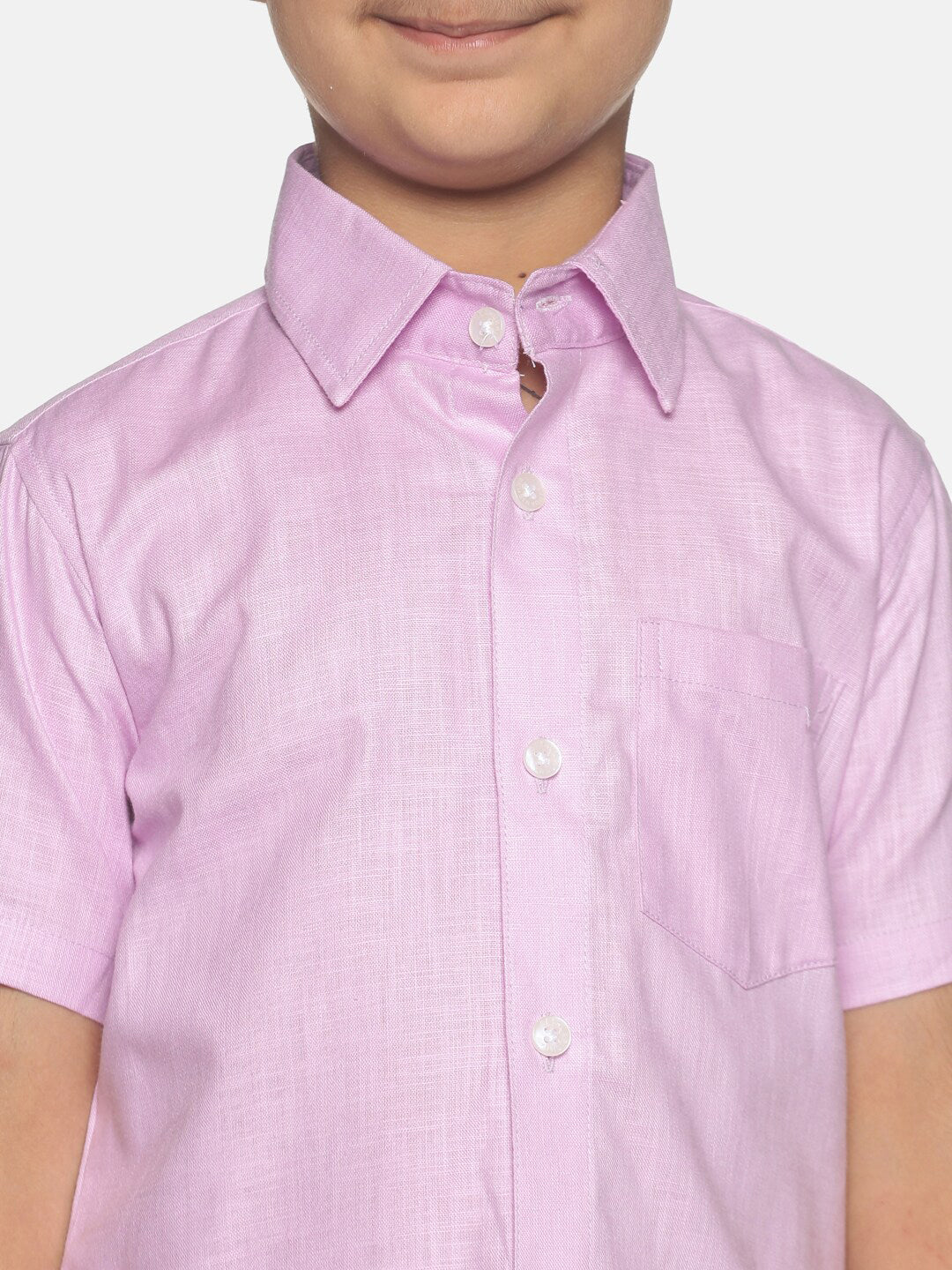 Sethukrishna Boys Pink & White Solid Shirt with Veshti Set | Grocsy