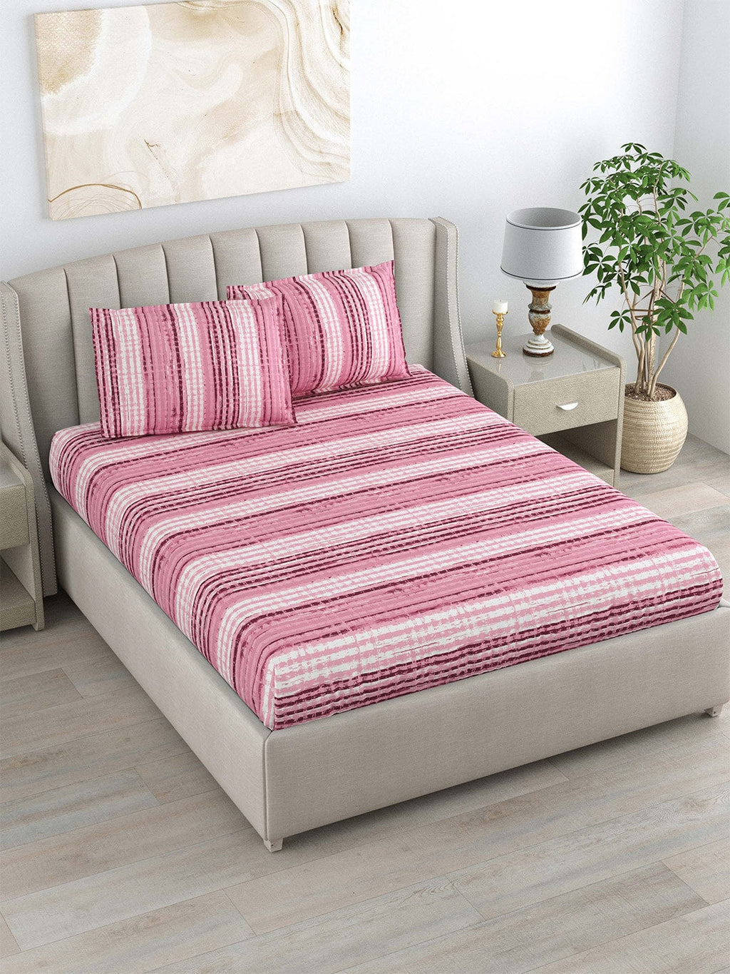 DREAM WEAVERZ Pink Striped Pure Cotton 220 TC King Bedsheet With 2 Pillow Covers | Grocsy