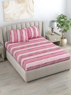 DREAM WEAVERZ Pink Striped Pure Cotton 220 TC King Bedsheet With 2 Pillow Covers | Grocsy