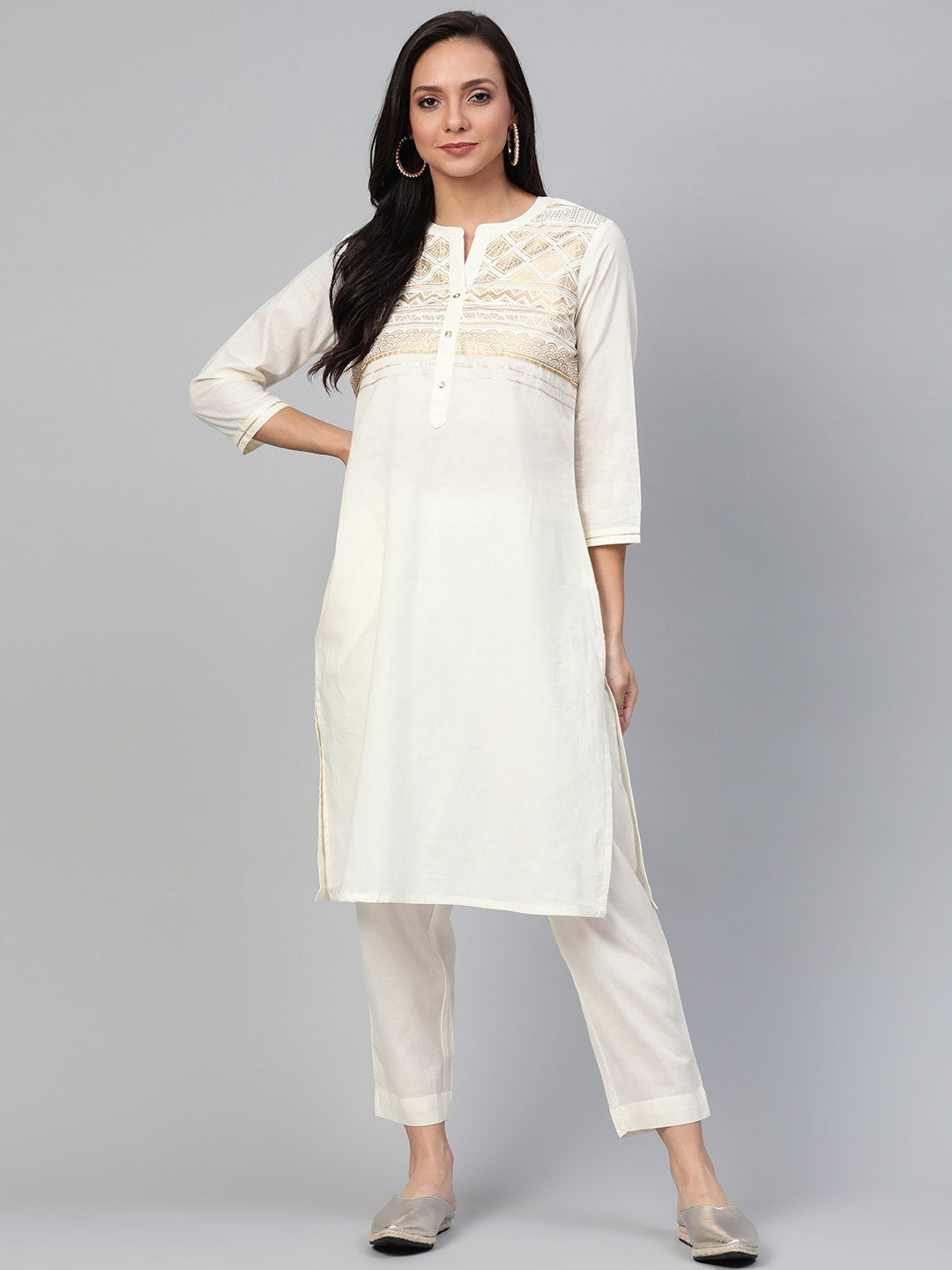 Sangria Women Off-White & Golden Yoke Design Kurta with Trousers | Grocsy