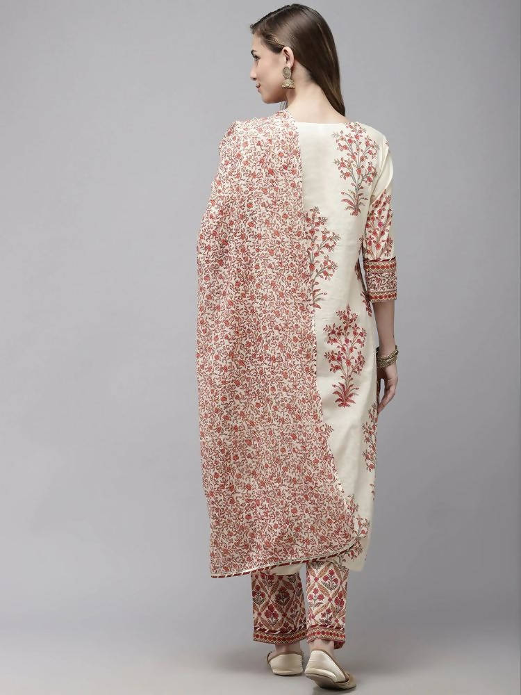 Yufta Women Off White printed Kurta with Trouser & With Dupatta | Grocsy