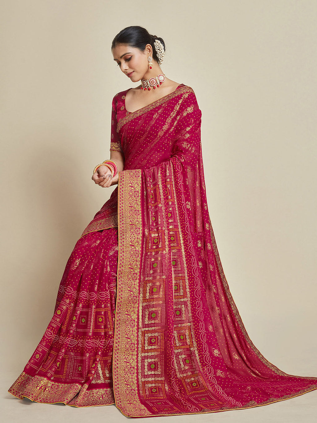 Sangria Pink Woven Design Zari Detail Poly Georgette Bandhani Saree | Grocsy