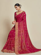 Sangria Pink Woven Design Zari Detail Poly Georgette Bandhani Saree | Grocsy