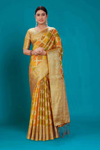 Mustard Soft Organza Woven Design Saree with Unstitched Blouse Piece - Zaara | Grocsy