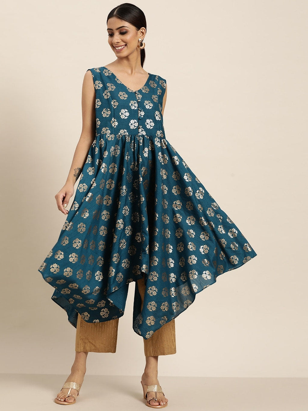 Sangria Women Teal Blue & Golden Ethnic Motifs Printed A-Line Kurta | Grocsy