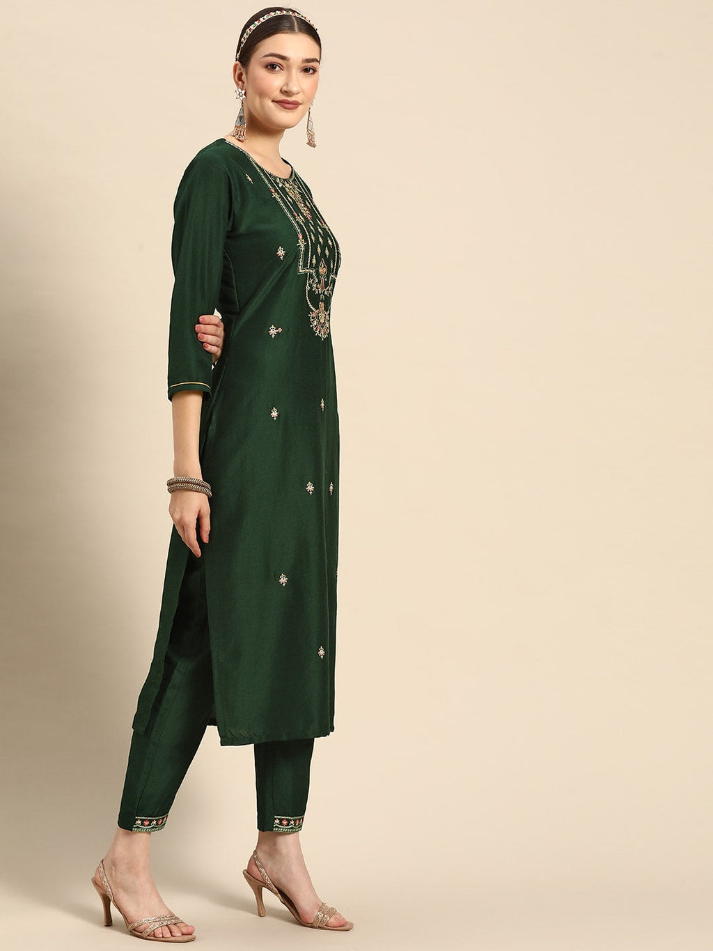 Sangria Women Green Ethnic Motifs Embroidered Pure Cotton Kurta with Trousers & With Dupatta | Grocsy