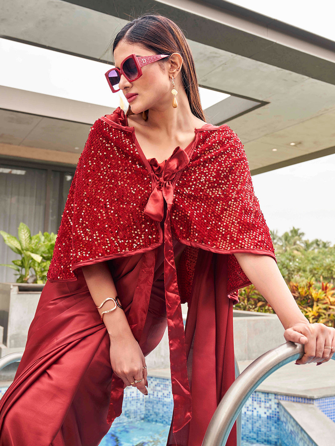 Tikhi Imli Party Satin Saree With Sequined Cape | Grocsy