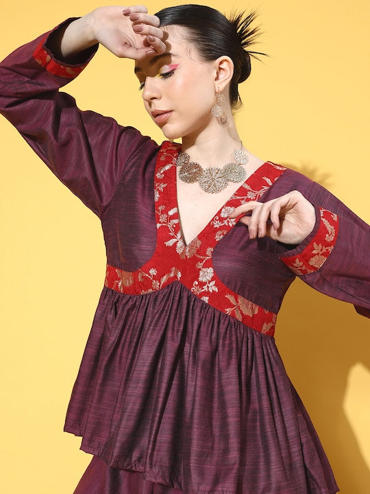 InWeave Women's Wine Red Brocade Mughal Shaan Kurta Palazzo Set | Grocsy
