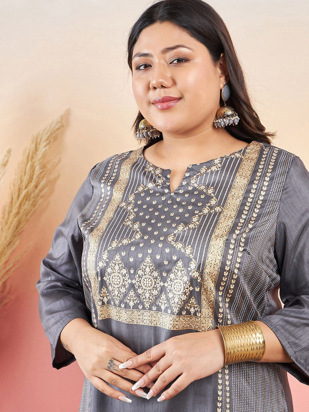 Sztori Ethnic Motifs Printed Notched Neck Straight Kurta With Palazzo | Grocsy
