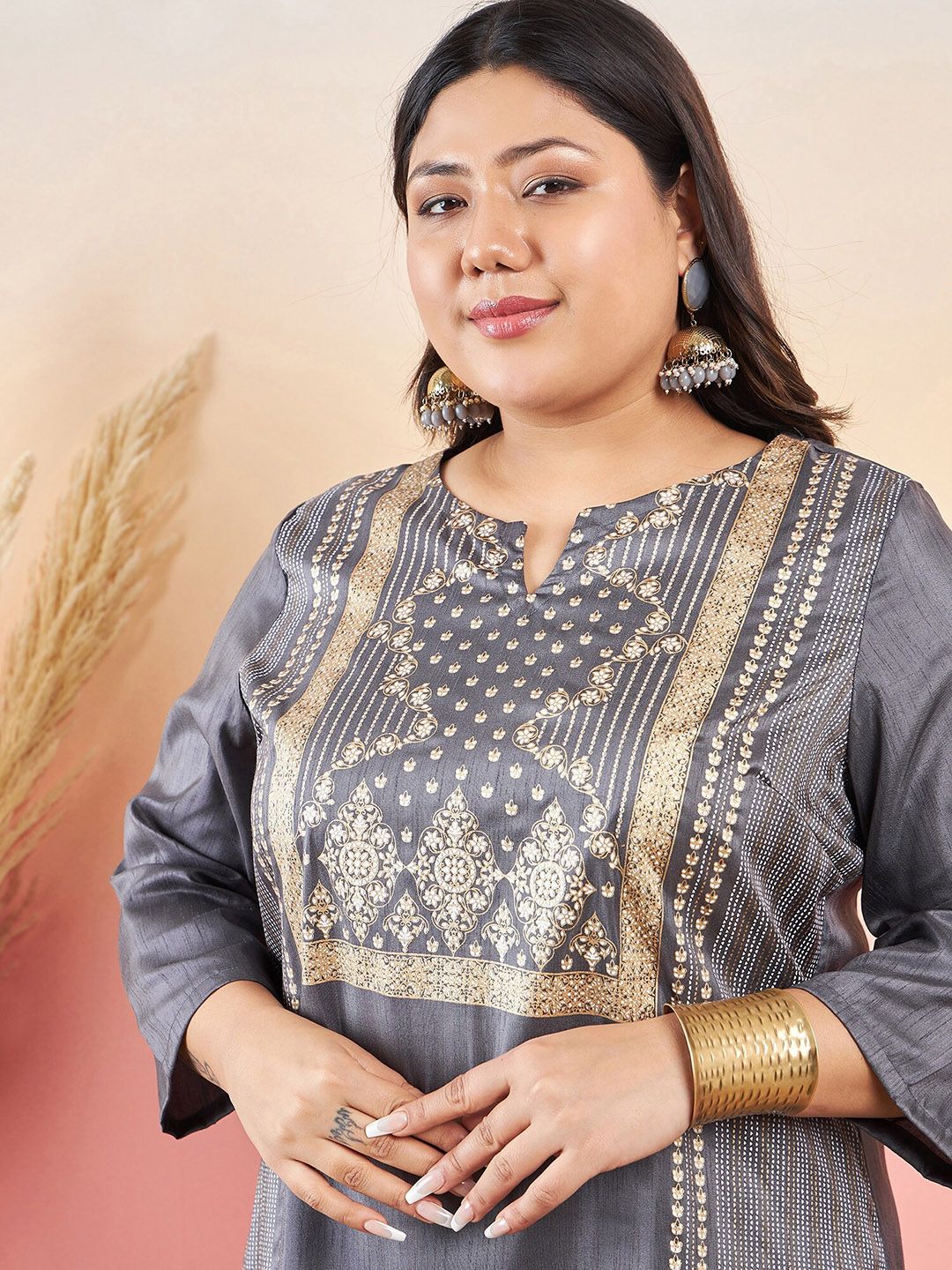 Sztori Ethnic Motifs Printed Notched Neck Straight Kurta With Palazzo | Grocsy