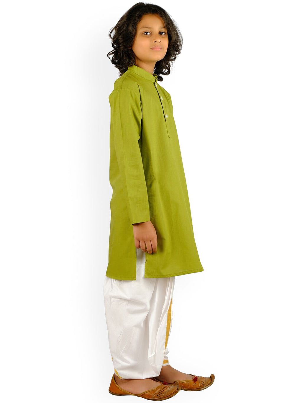 Sethukrishna Boys Green Angrakha Pure Cotton Kurta with Churidar | Grocsy