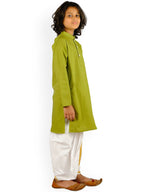 Sethukrishna Boys Green Angrakha Pure Cotton Kurta with Churidar | Grocsy