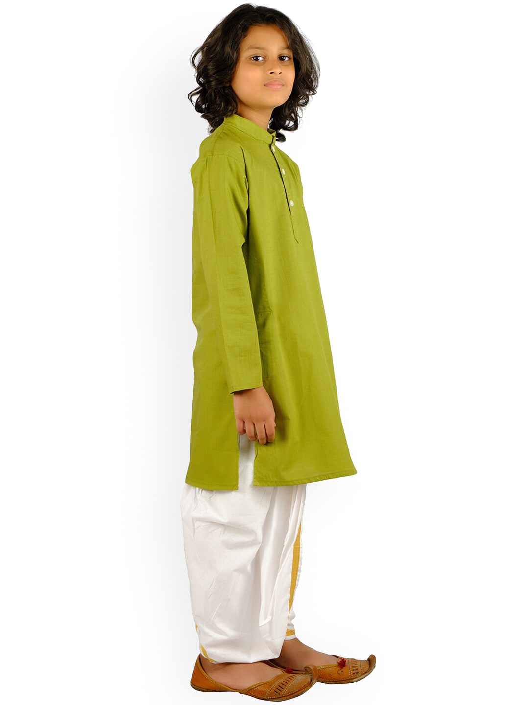 Sethukrishna Boys Green Angrakha Pure Cotton Kurta with Churidar | Grocsy