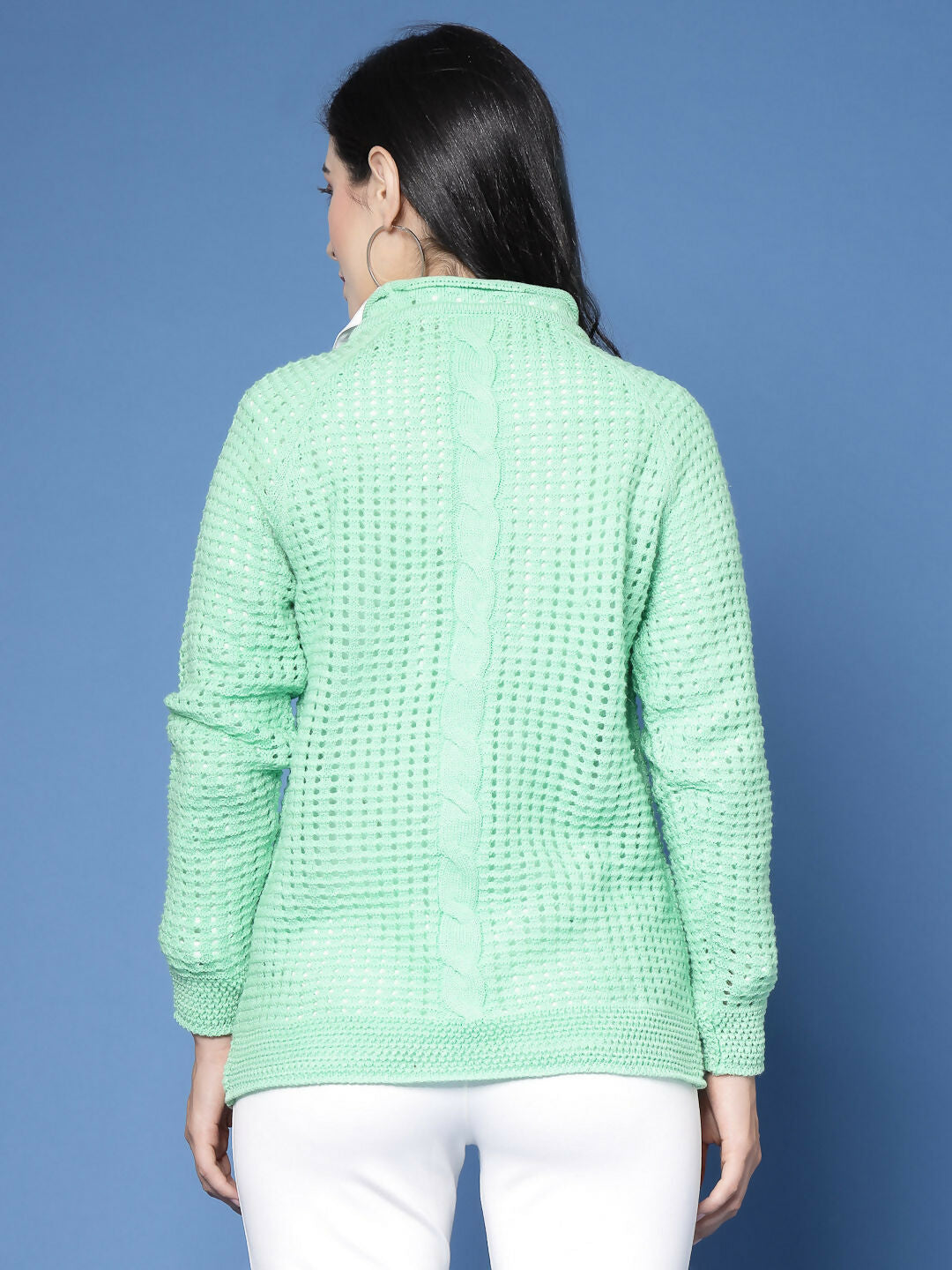 Women Green Acrylic Pointele Sweater - Wool Trees | Grocsy