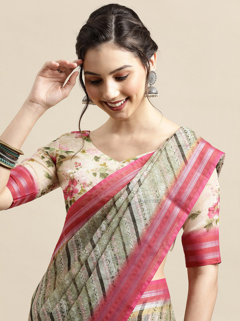 Saree Mall Olive Green & Pink Leheriya Linen Blend Saree | Grocsy